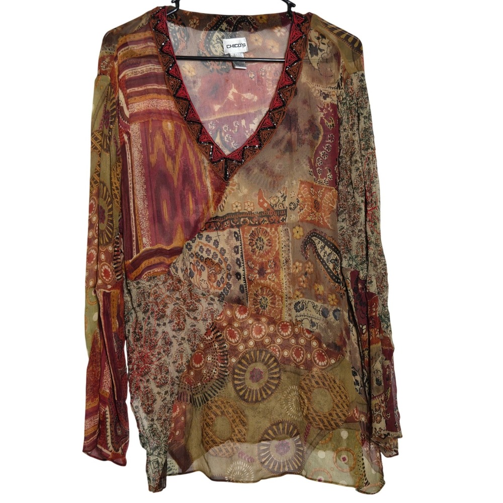 100% Silk Patchwork Beaded Tunic Top Chicos 3 US XL Boho Sheer Art Hippie Whimsi